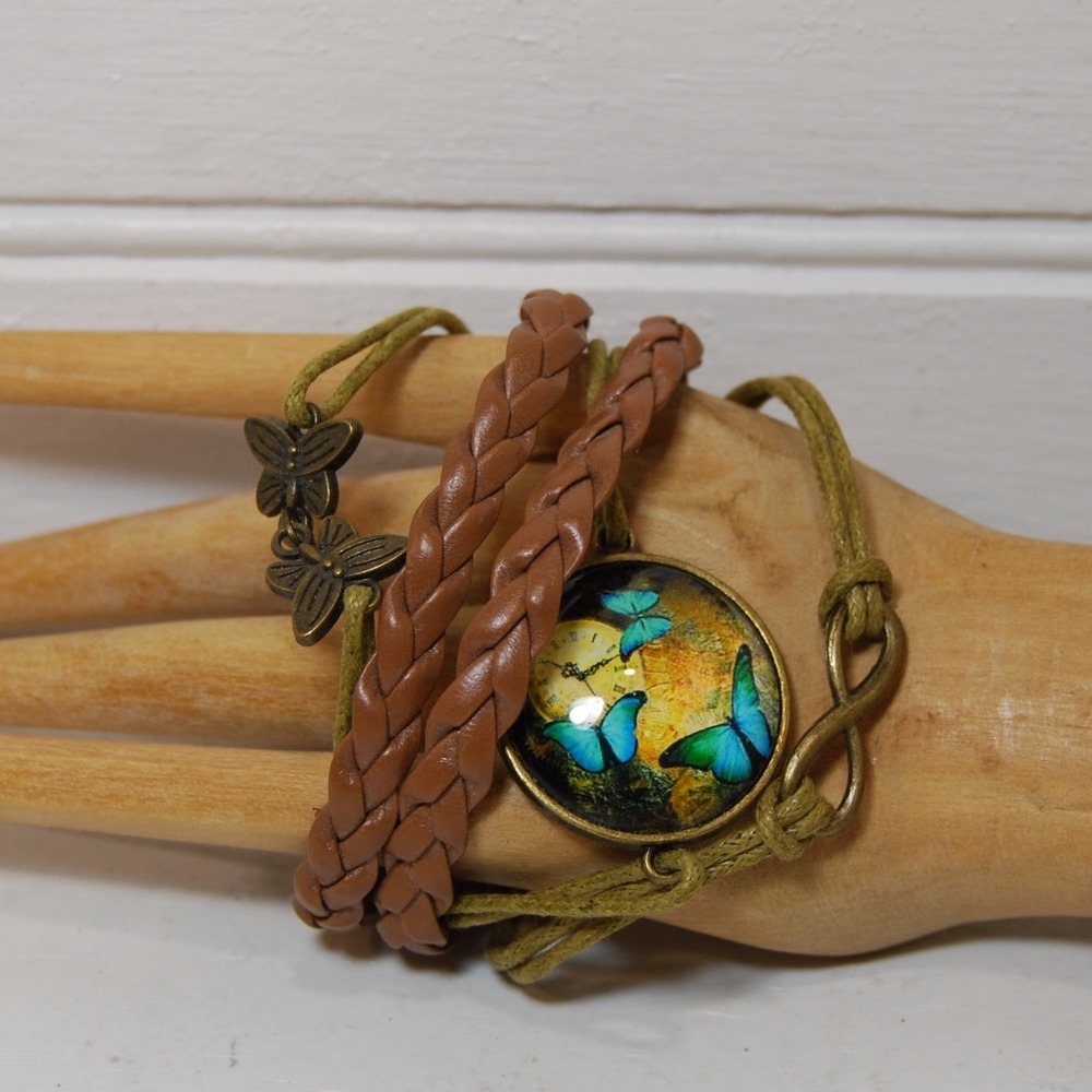 Vintage multi-strand bracelet Y2K vegan leather rope Butterfly‎ & Infinity charm